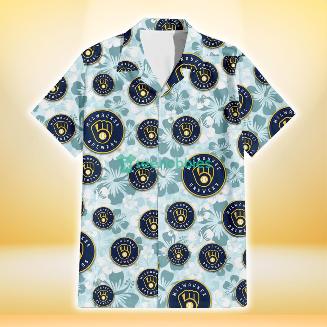 Milwaukee Brewers Pale Turquoise Hibiscus Light Cyan Background 3D Hawaiian Shirt Gift For Fans Product Photo 2
