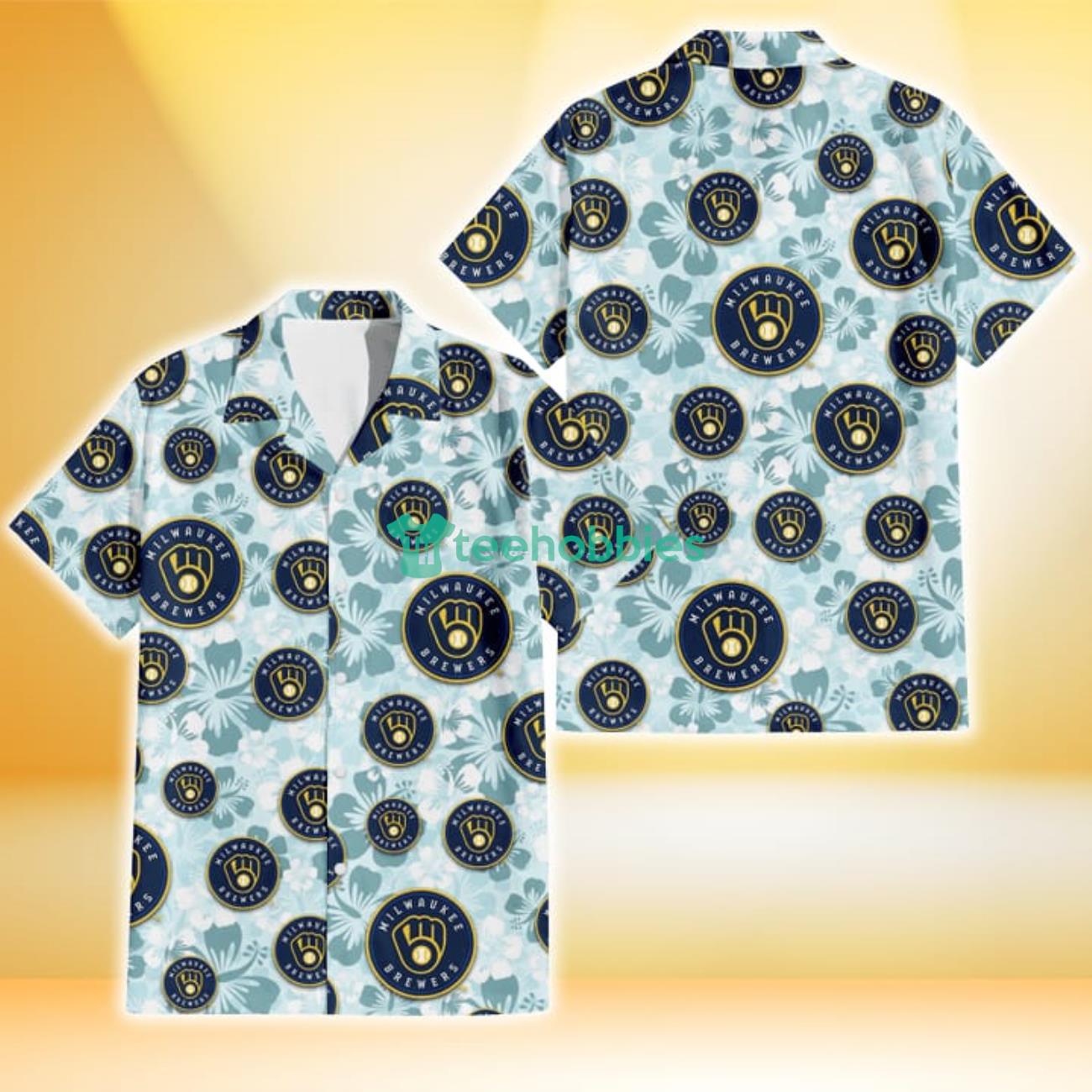Milwaukee Brewers Pale Turquoise Hibiscus Light Cyan Background 3D Hawaiian Shirt Gift For Fans Product Photo 1