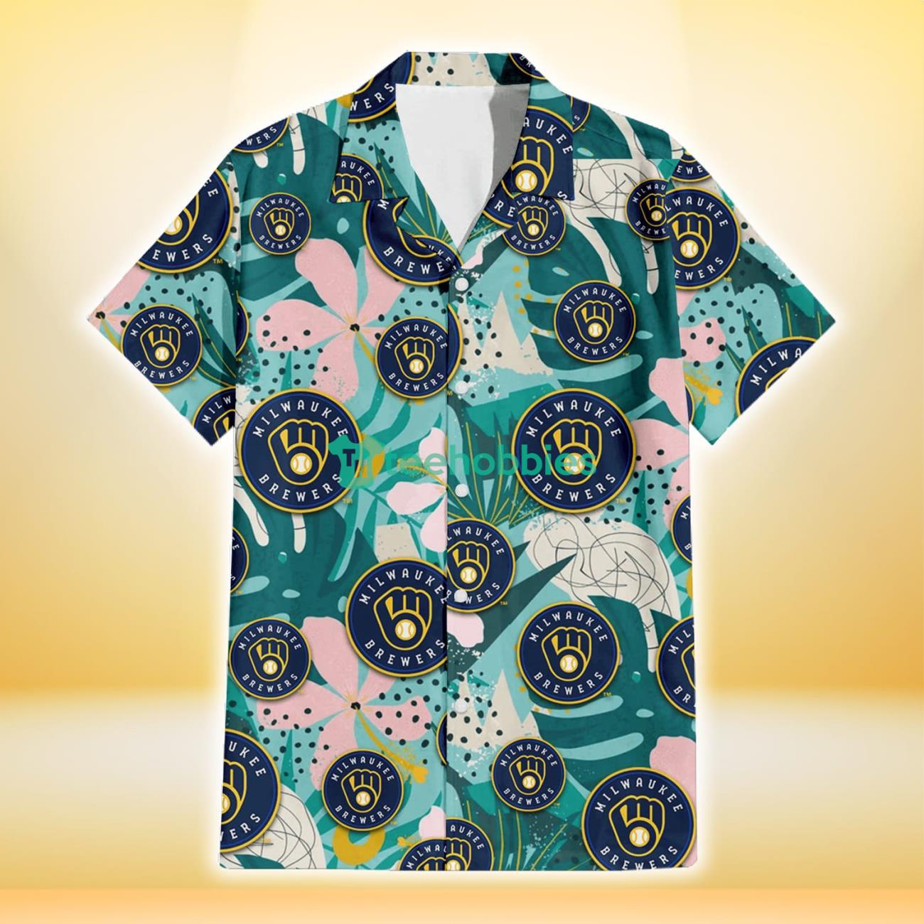 Milwaukee Brewers Pastel Hibiscus Palm Leaf Tiny Dot Green Background 3D Hawaiian Shirt Gift For Fans Product Photo 2
