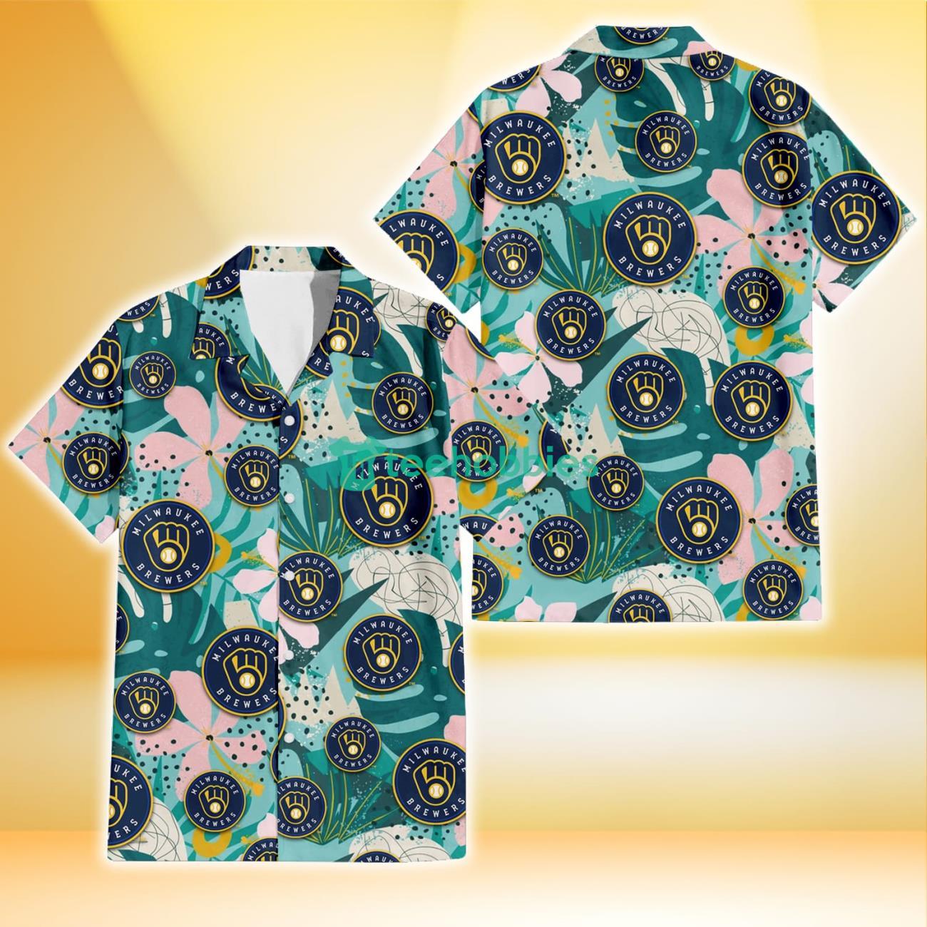 Milwaukee Brewers Pastel Hibiscus Palm Leaf Tiny Dot Green Background 3D Hawaiian Shirt Gift For Fans Product Photo 1