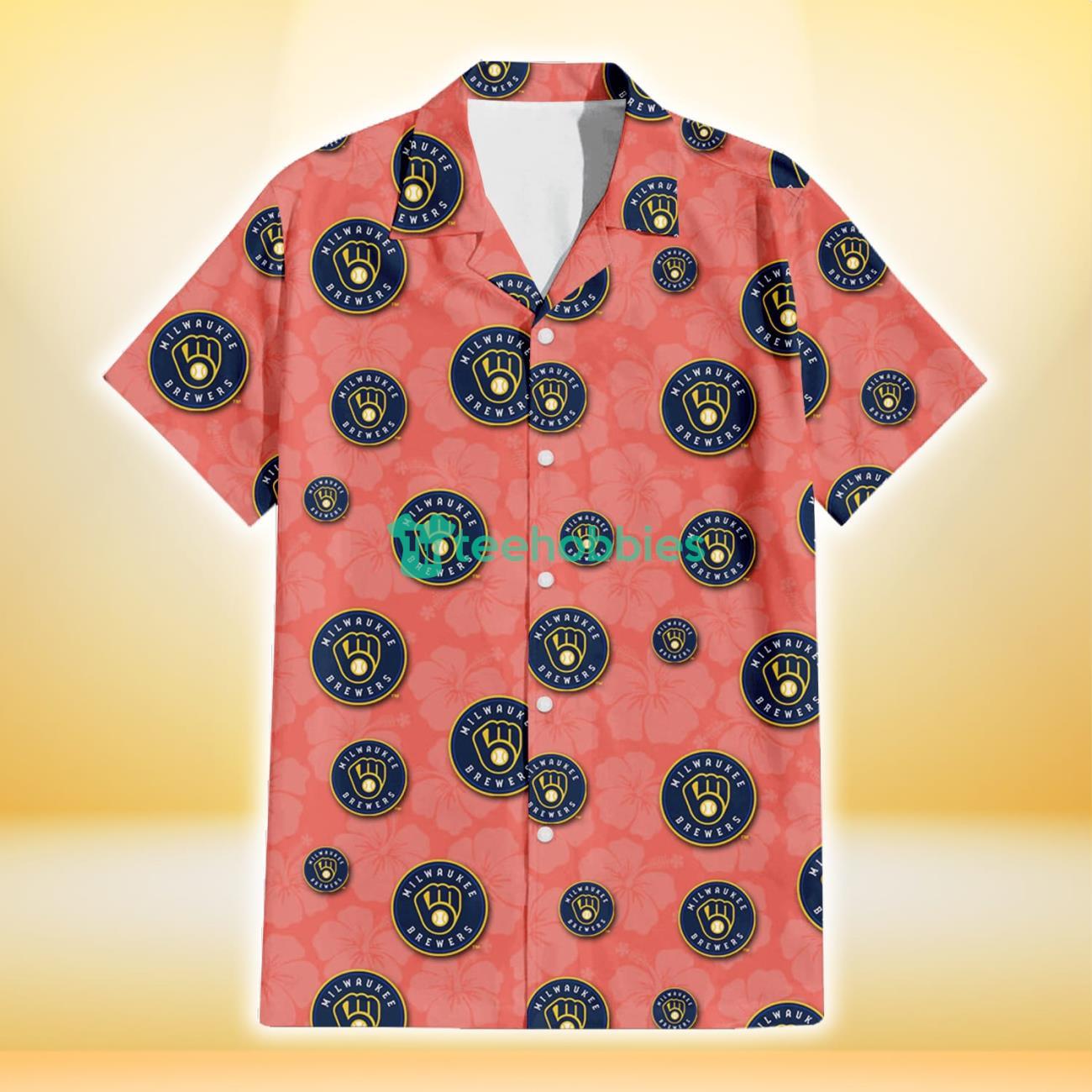 Milwaukee Brewers Peach Puff Hibiscus Tomato Orange Background 3D Hawaiian Shirt Gift For Fans Product Photo 2