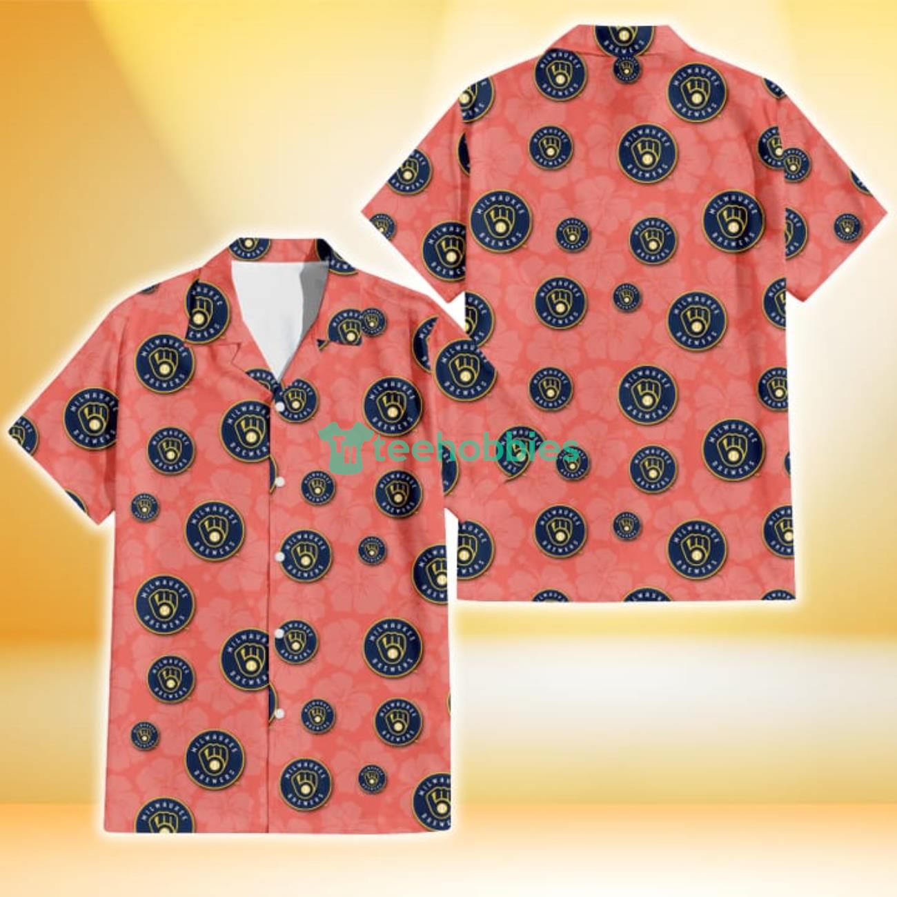 Milwaukee Brewers Peach Puff Hibiscus Tomato Orange Background 3D Hawaiian Shirt Gift For Fans Product Photo 1
