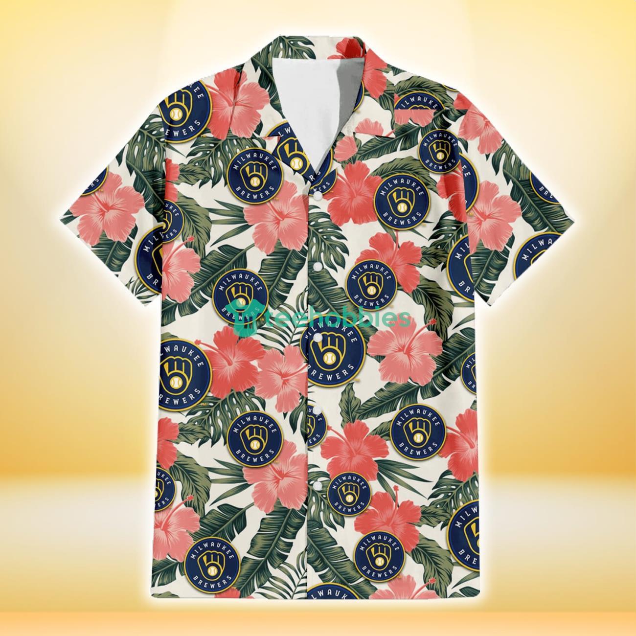 Milwaukee Brewers Pink Coral Hibiscus Banana Leaf Beige Background 3D Hawaiian Shirt Gift For Fans Product Photo 2