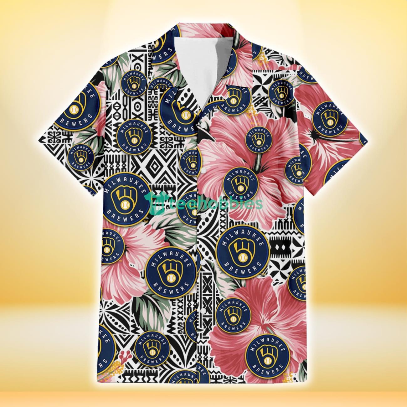 Milwaukee Brewers Pink Hibiscus Black Pattern White Background 3D Hawaiian Shirt Gift For Fans Product Photo 2