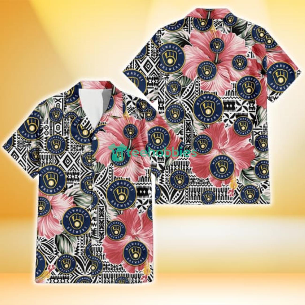Milwaukee Brewers Pink Hibiscus Black Pattern White Background 3D Hawaiian Shirt Gift For Fans Product Photo 1