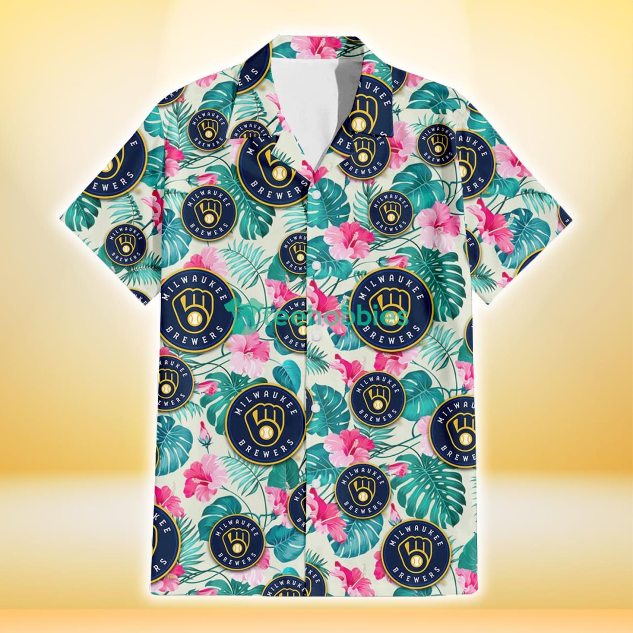 Milwaukee Brewers Pink Hibiscus Green Leaf Beige Background 3D Hawaiian Shirt Gift For Fans Product Photo 2