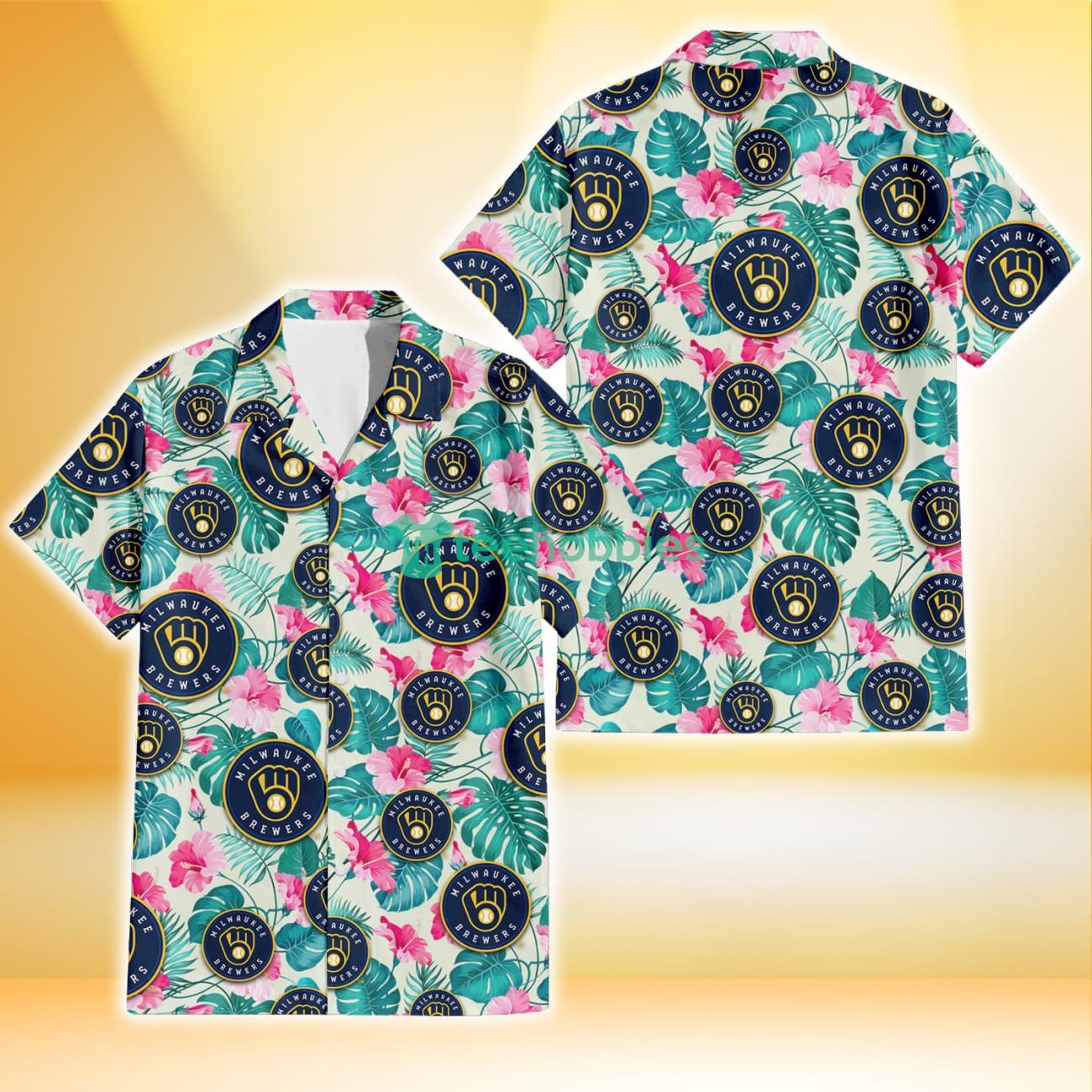 Milwaukee Brewers Pink Hibiscus Green Leaf Beige Background 3D Hawaiian Shirt Gift For Fans Product Photo 1