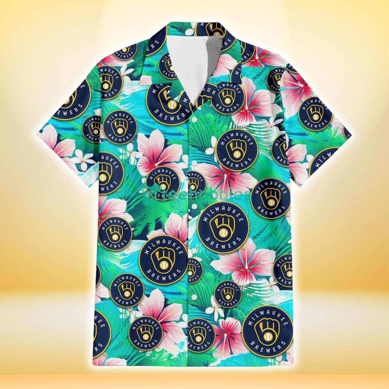 Milwaukee Brewers Pink Hibiscus Green Leaf Blue Background 3D Hawaiian Shirt Gift For Fans Product Photo 2