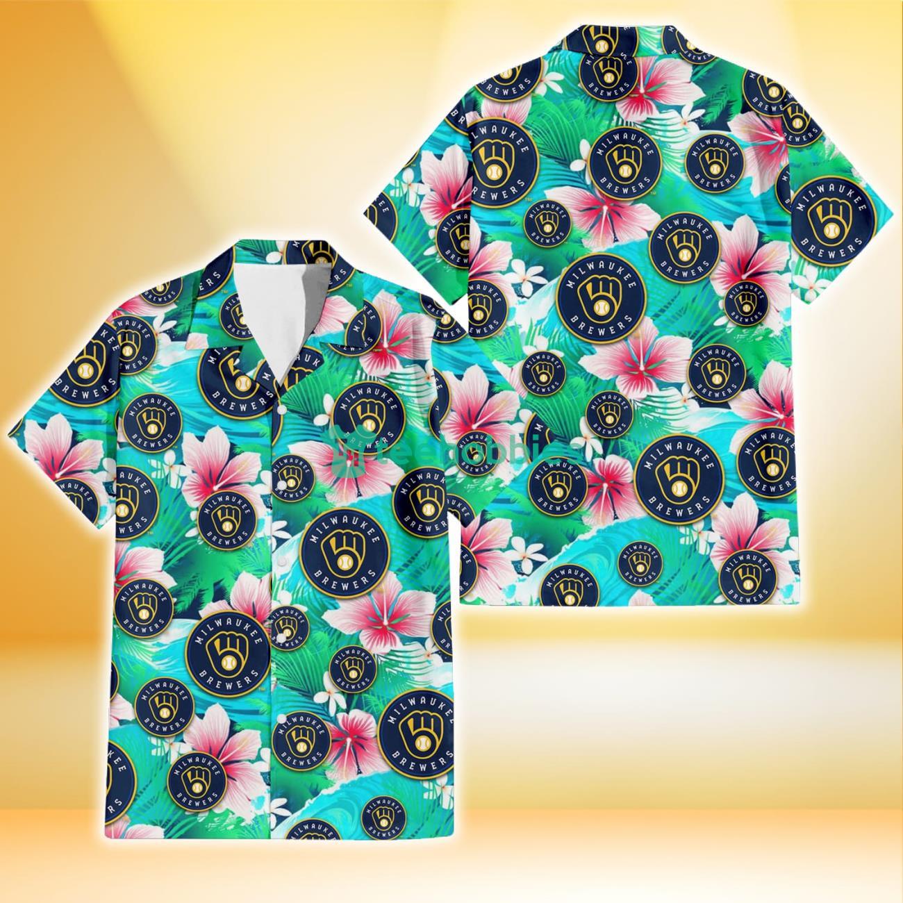 Milwaukee Brewers Pink Hibiscus Green Leaf Blue Background 3D Hawaiian Shirt Gift For Fans Product Photo 1