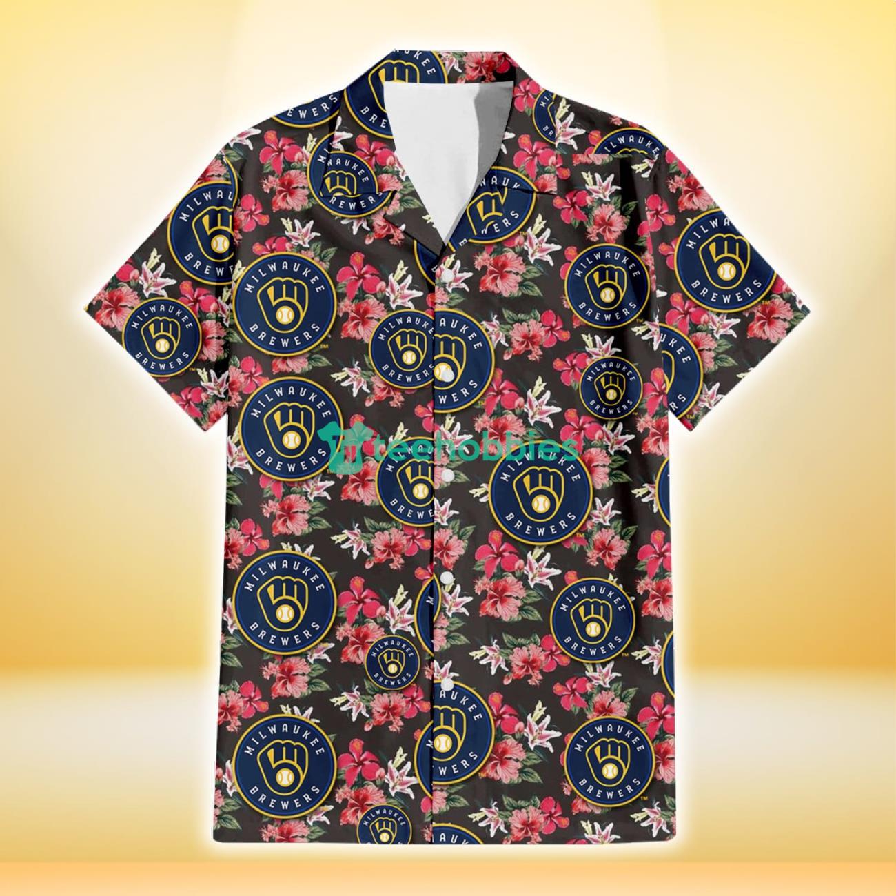 Milwaukee Brewers Pink Hibiscus Orchid Brown Background 3D Hawaiian Shirt Gift For Fans Product Photo 2