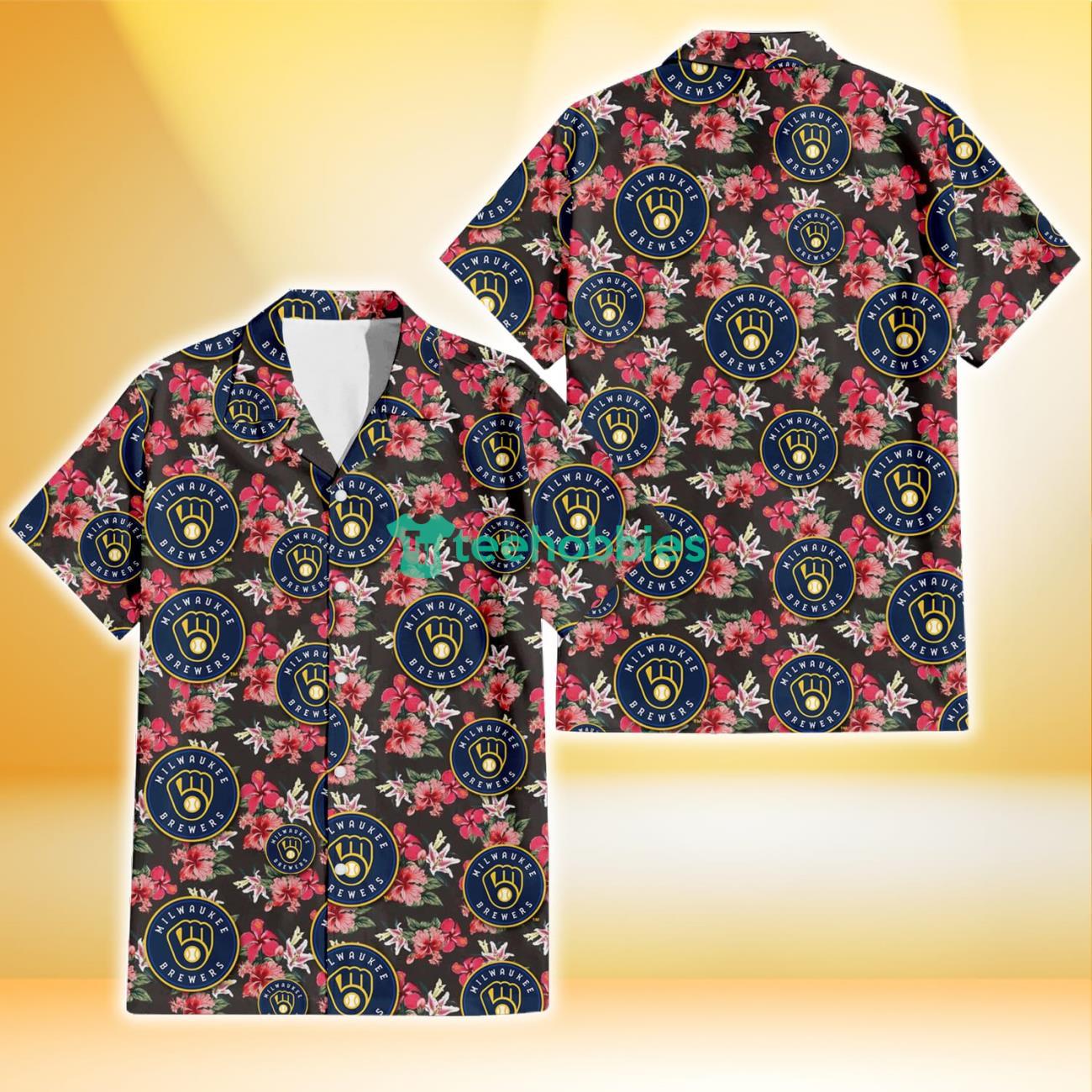 Milwaukee Brewers Pink Hibiscus Orchid Brown Background 3D Hawaiian Shirt Gift For Fans Product Photo 1