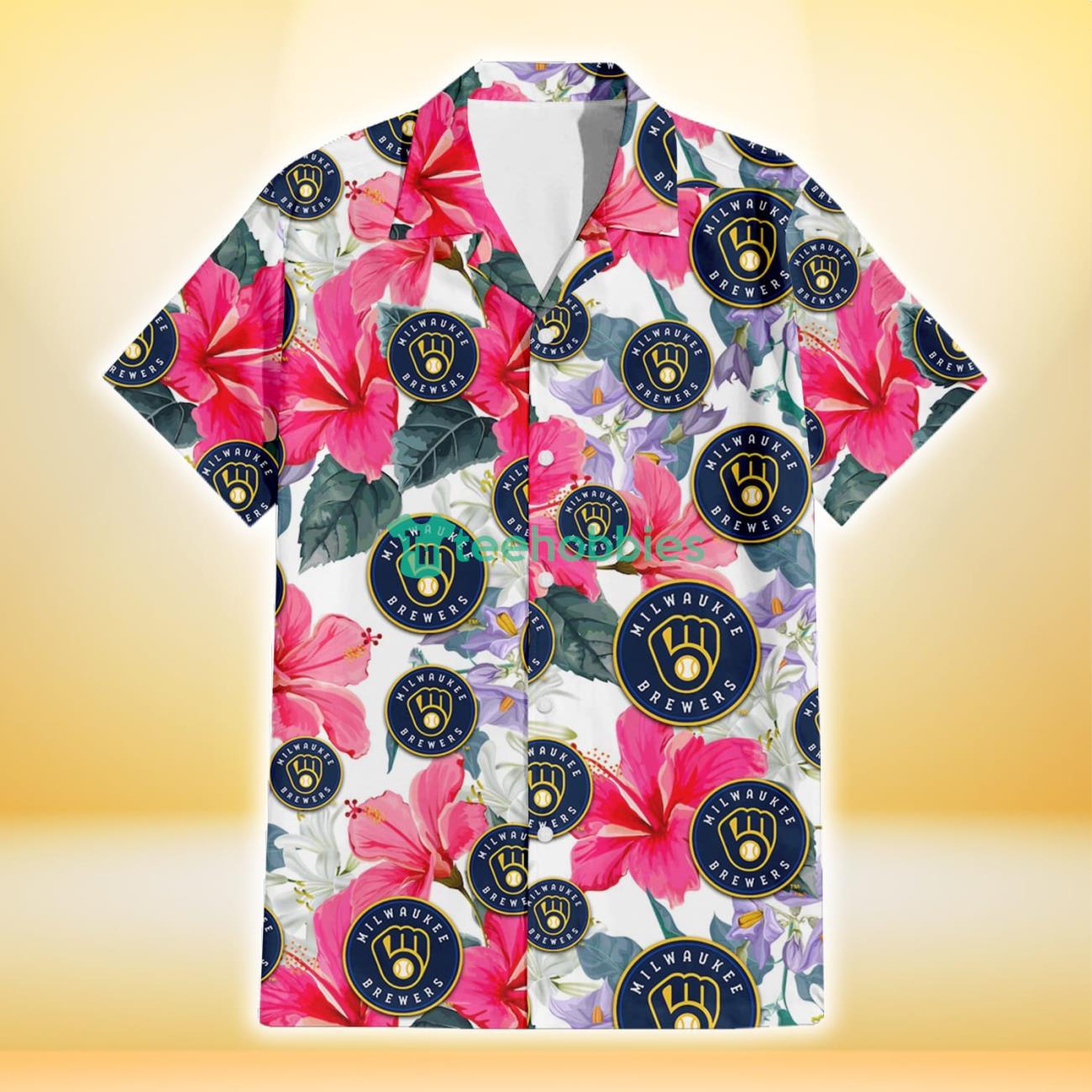 Milwaukee Brewers Pink Hibiscus White Orchid White Background 3D Hawaiian Shirt Gift For Fans Product Photo 2