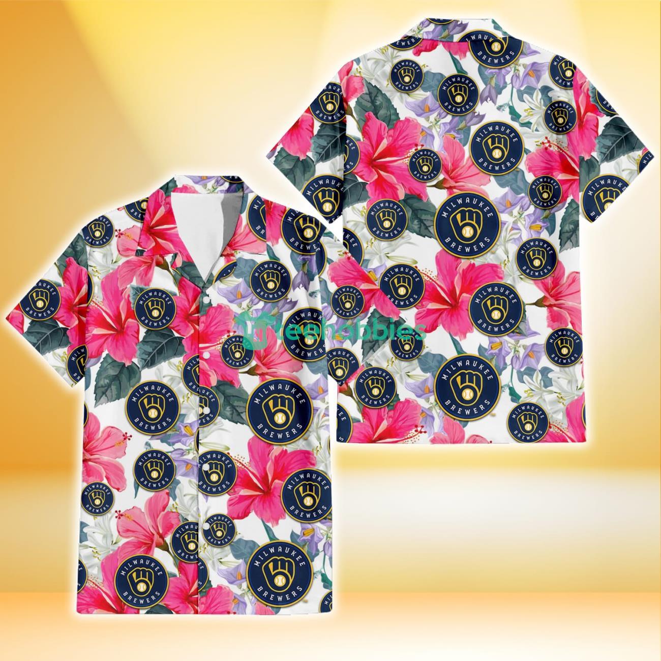 Milwaukee Brewers Pink Hibiscus White Orchid White Background 3D Hawaiian Shirt Gift For Fans Product Photo 1