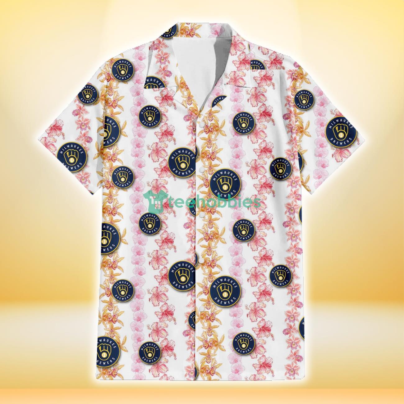 Milwaukee Brewers Pink Hibiscus Yellow Pink Orchid White Background 3D Hawaiian Shirt Gift For Fans Product Photo 2