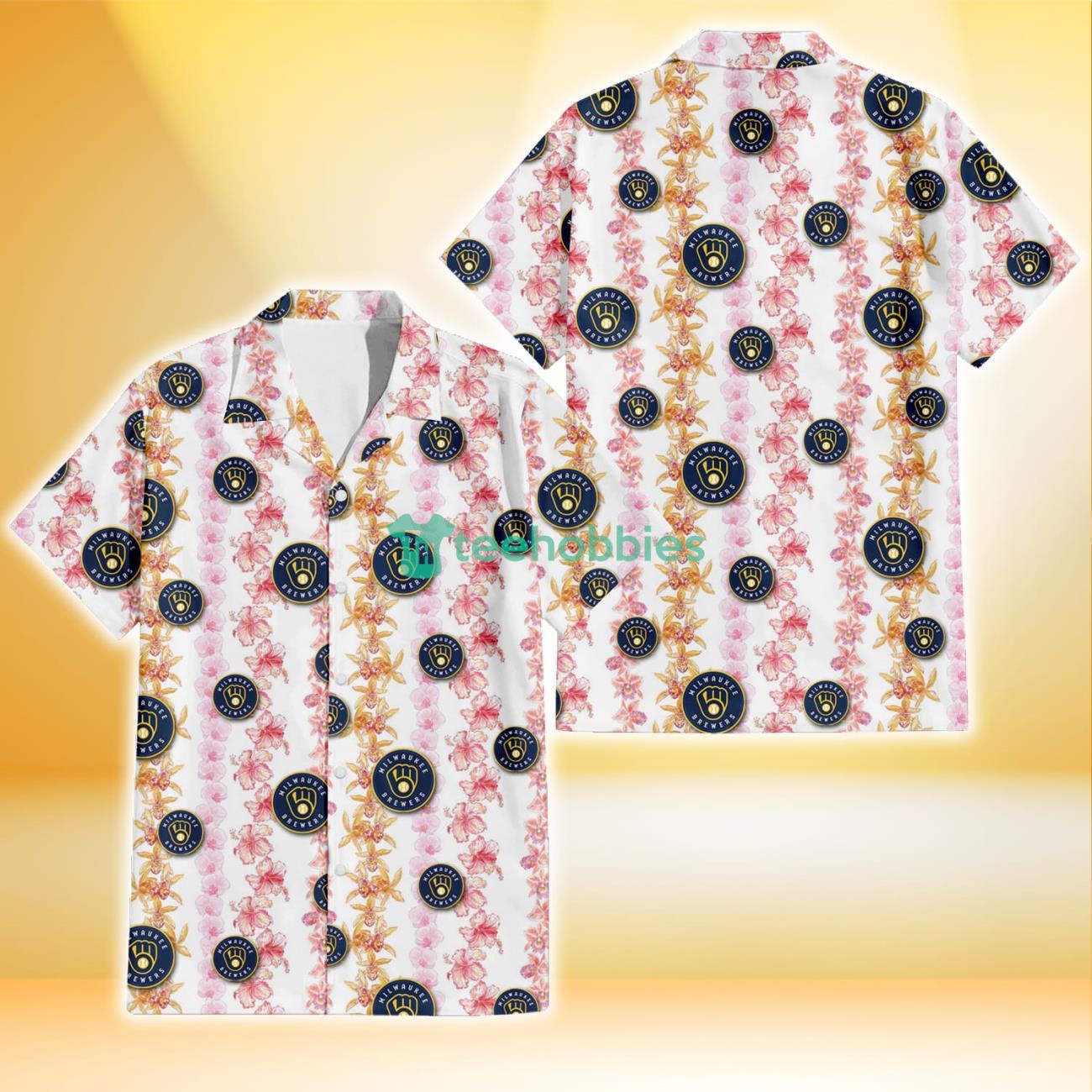 Milwaukee Brewers Pink Hibiscus Yellow Pink Orchid White Background 3D Hawaiian Shirt Gift For Fans Product Photo 1