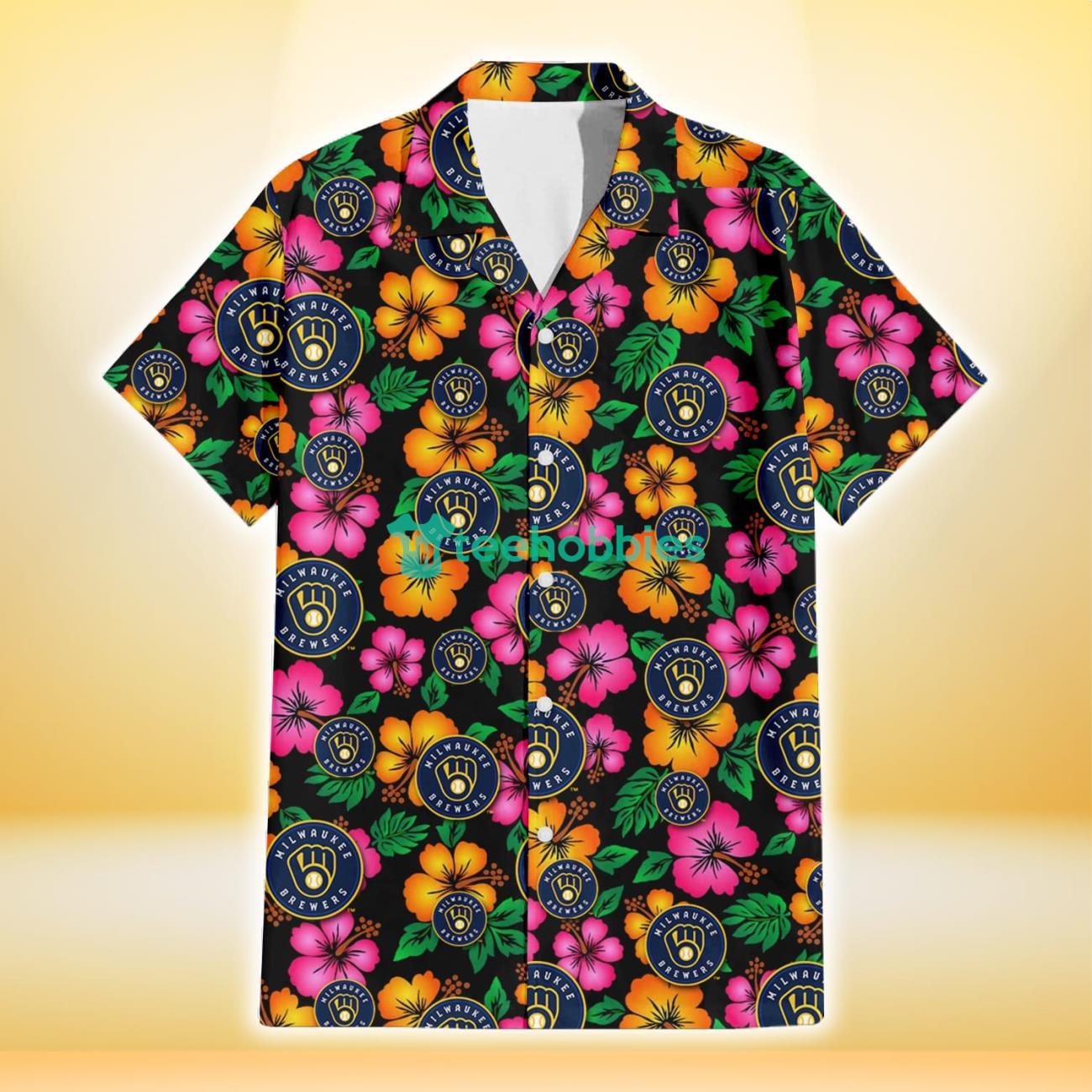 Milwaukee Brewers Pink Orange Black Background 3D Hawaiian Shirt Gift For Fans Product Photo 2