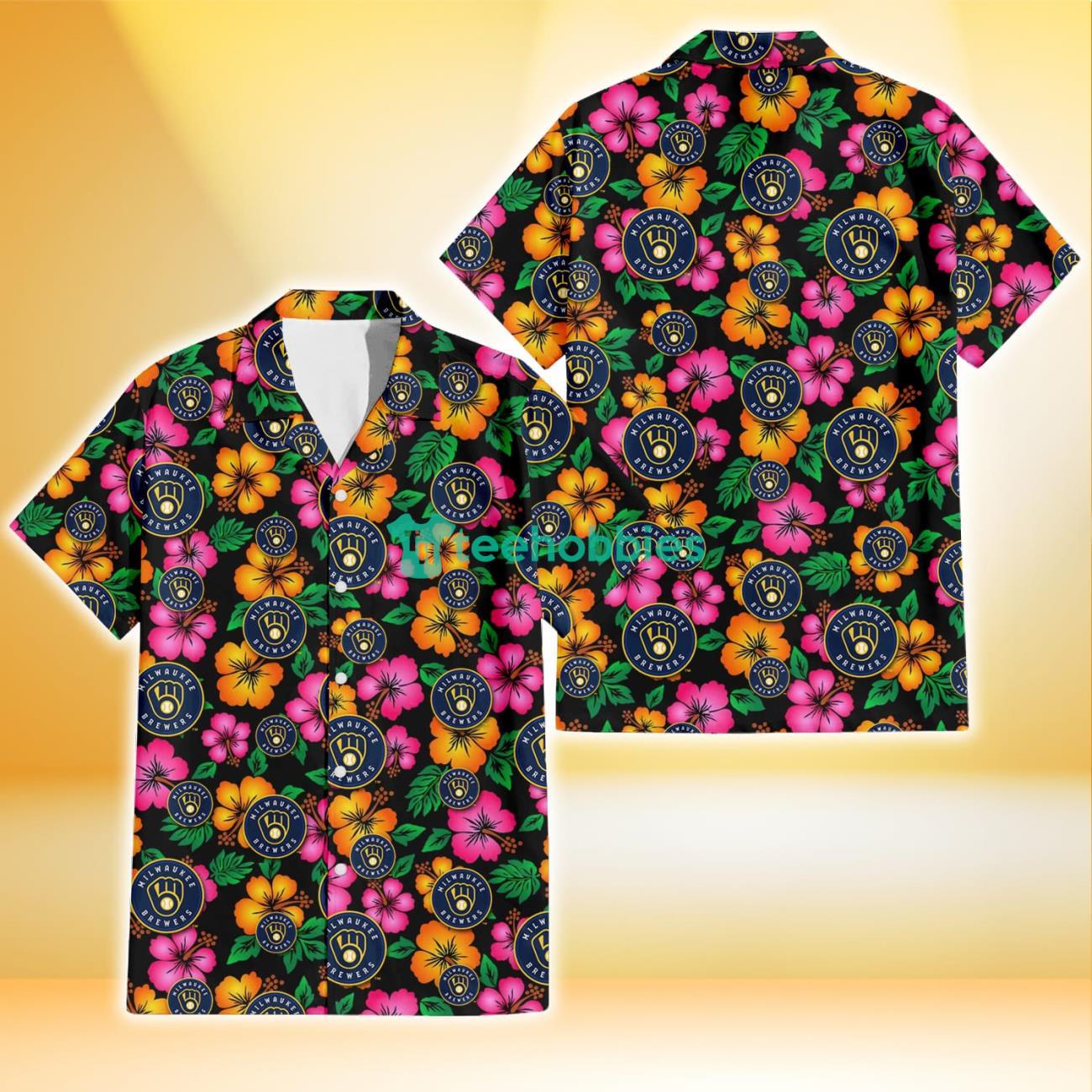 Milwaukee Brewers Pink Orange Black Background 3D Hawaiian Shirt Gift For Fans Product Photo 1
