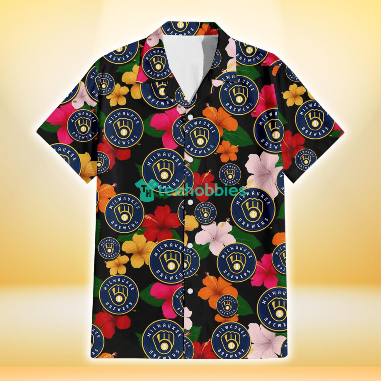 Milwaukee Brewers Pink Orange Yellow White Hibiscus Black Background 3D Hawaiian Shirt Gift For Fans Product Photo 2