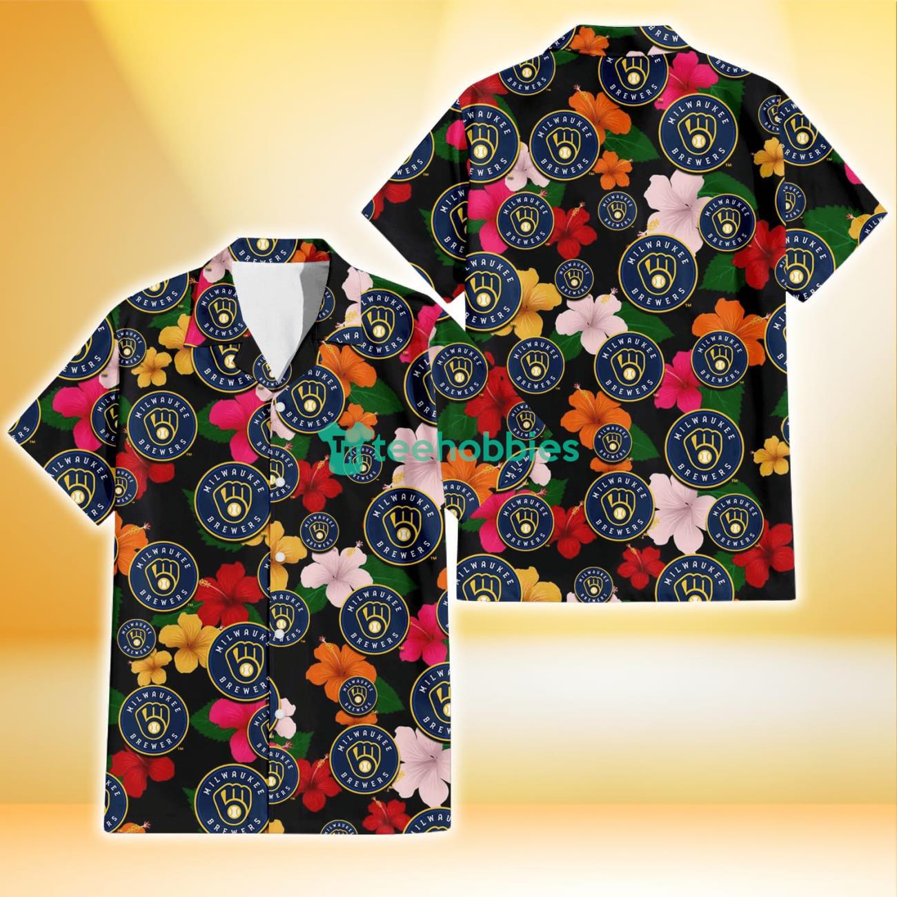 Milwaukee Brewers Pink Orange Yellow White Hibiscus Black Background 3D Hawaiian Shirt Gift For Fans Product Photo 1