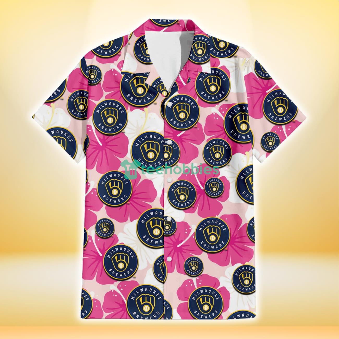 Milwaukee Brewers Pink White Hibiscus Misty Rose Background 3D Hawaiian Shirt Gift For Fans Product Photo 2