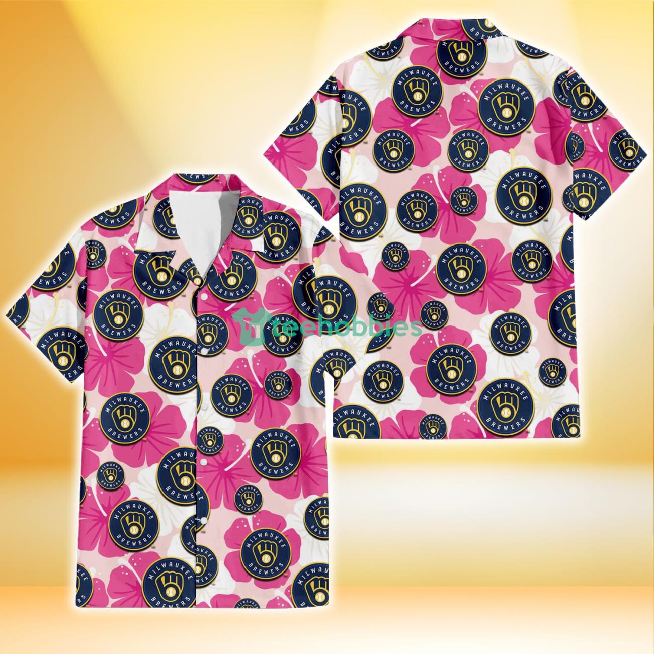 Milwaukee Brewers Pink White Hibiscus Misty Rose Background 3D Hawaiian Shirt Gift For Fans Product Photo 1