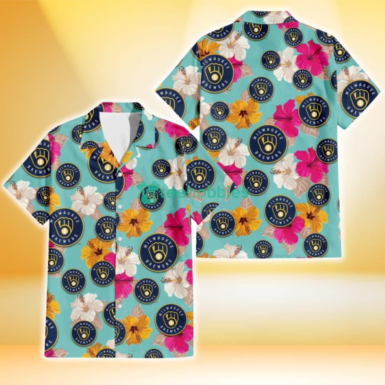 Milwaukee Brewers Pink Yellow White Hibiscus Turquoise Background 3D Hawaiian Shirt Gift For Fans Product Photo 1