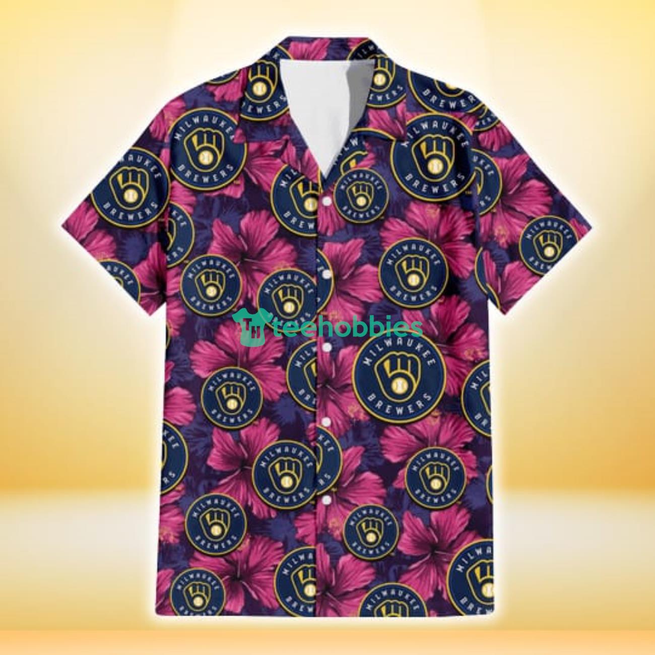 Milwaukee Brewers Plum Vilolet Hibiscus Dark Navy Leaf Black 3D Hawaiian Shirt Gift For Fans Product Photo 2