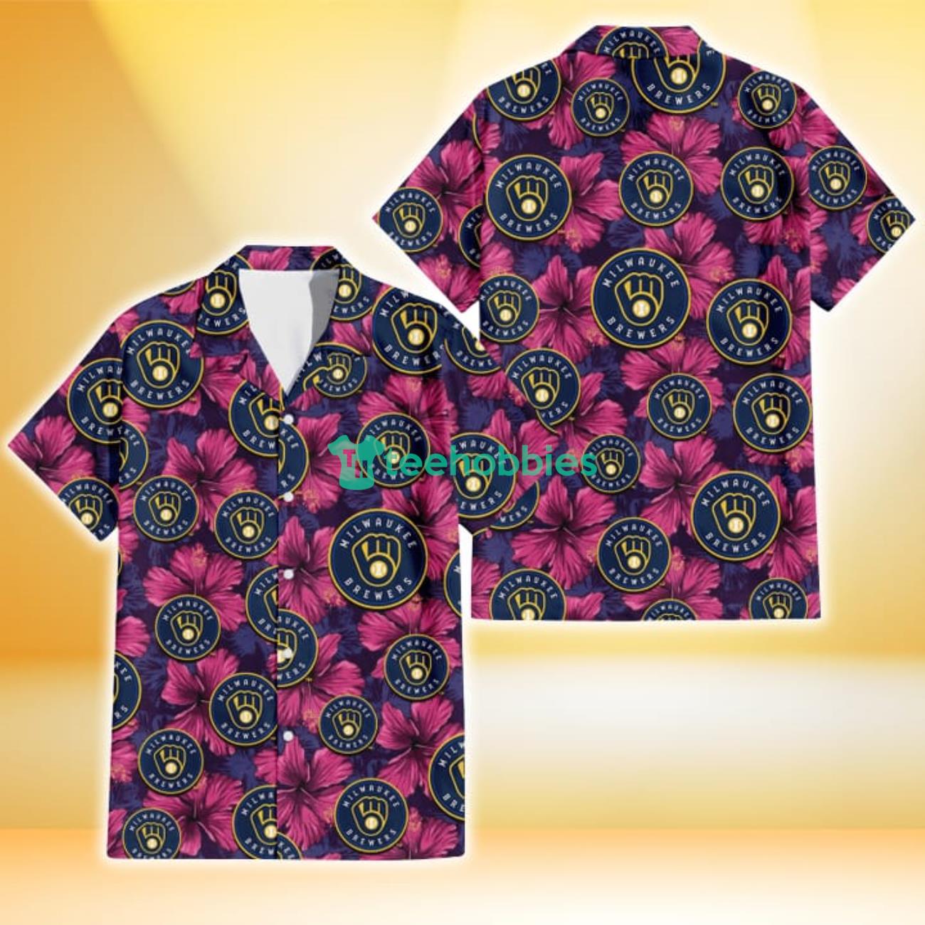 Milwaukee Brewers Plum Vilolet Hibiscus Dark Navy Leaf Black 3D Hawaiian Shirt Gift For Fans Product Photo 1