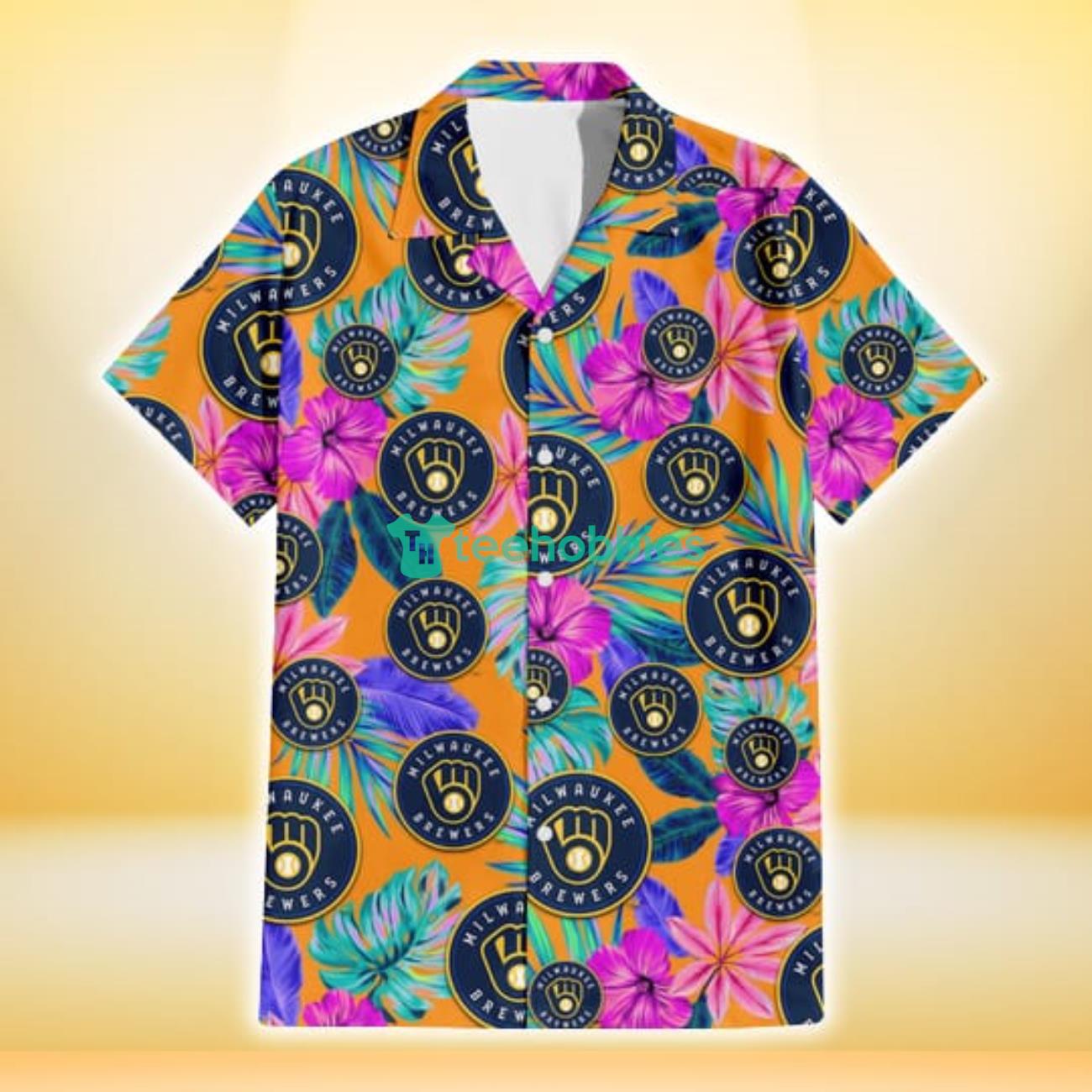 Milwaukee Brewers Purple Hibiscus Neon Leaf Orange Background 3D Hawaiian Shirt Gift For Fans Product Photo 2