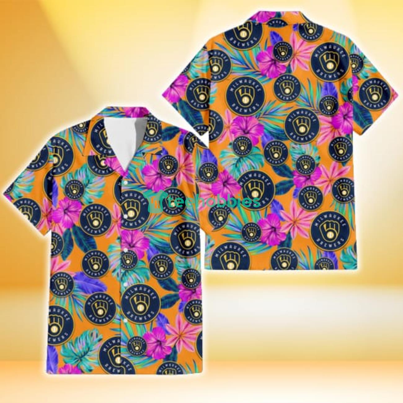 Milwaukee Brewers Purple Hibiscus Neon Leaf Orange Background 3D Hawaiian Shirt Gift For Fans Product Photo 1