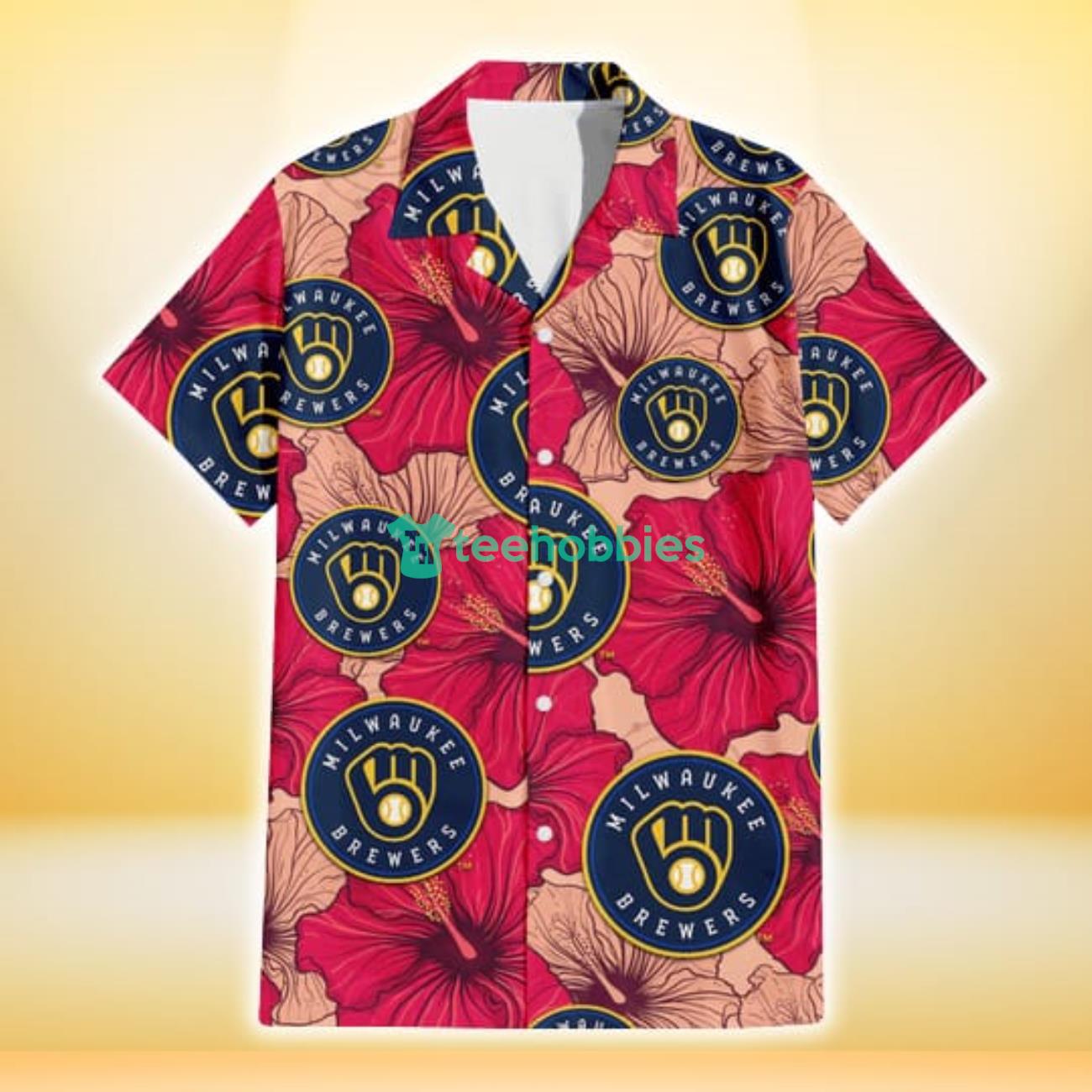 Milwaukee Brewers Red Beige Hibiscus Beige Background 3D Hawaiian Shirt Gift For Fans Product Photo 2