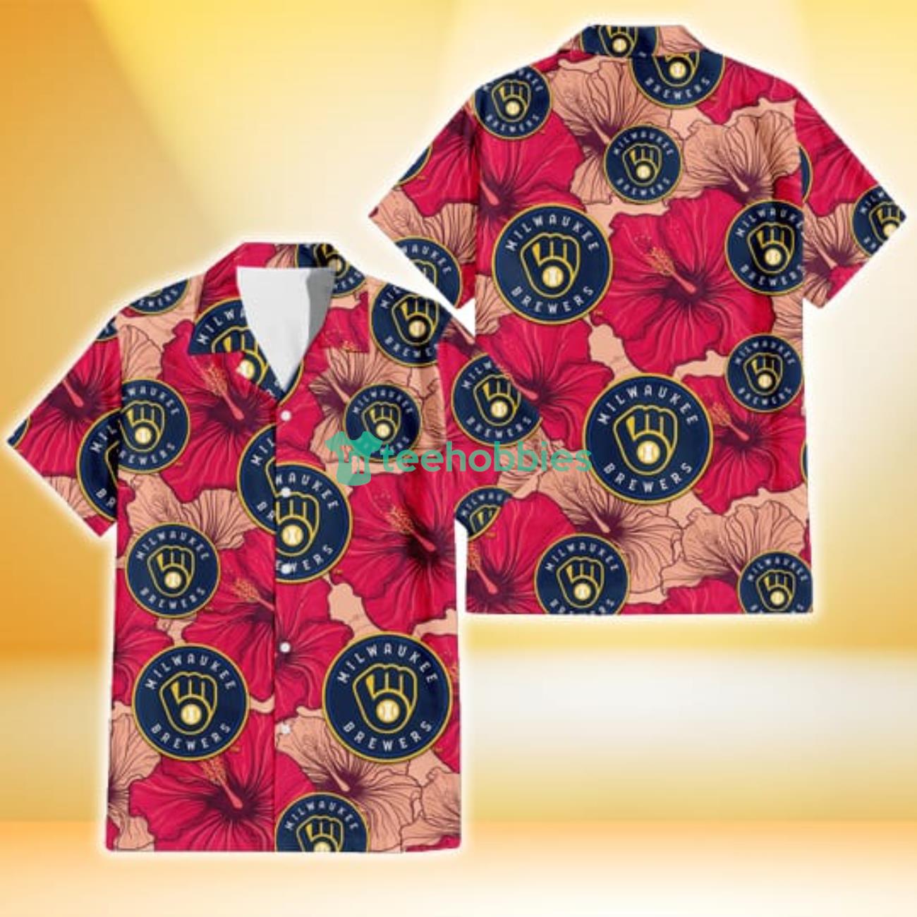 Milwaukee Brewers Red Beige Hibiscus Beige Background 3D Hawaiian Shirt Gift For Fans Product Photo 1