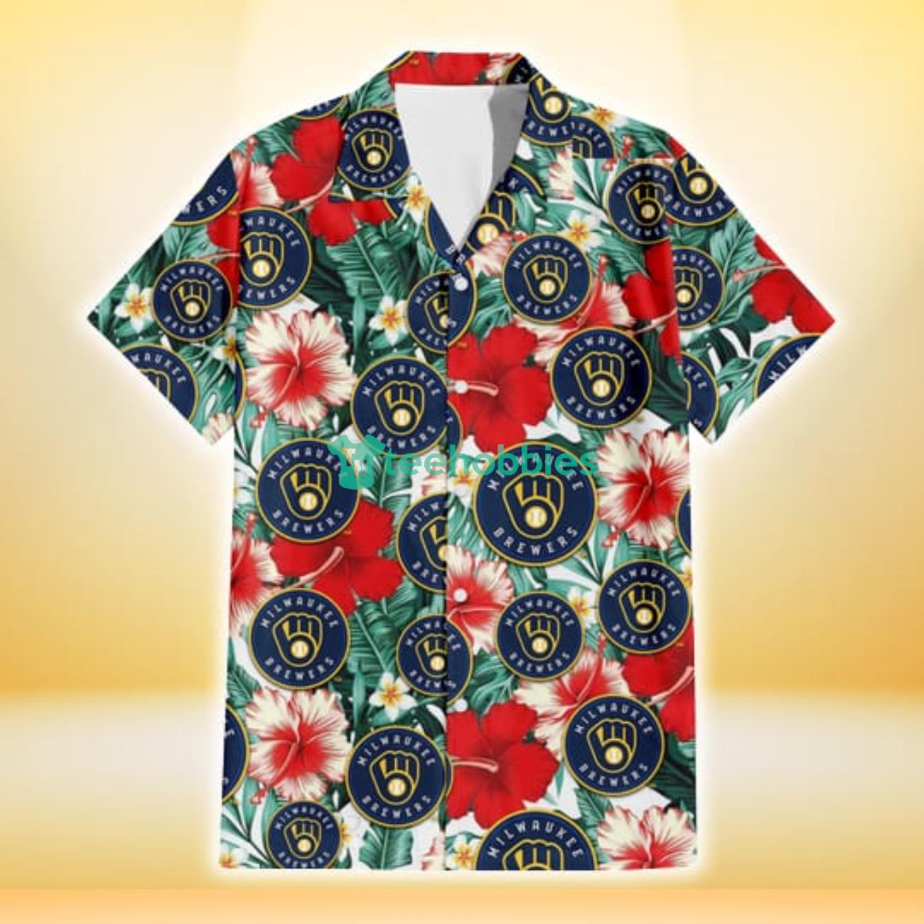 Milwaukee Brewers Red Coral Hibiscus White Porcelain Flower Banana Leaf 3D Hawaiian Shirt Gift For Fans Product Photo 2