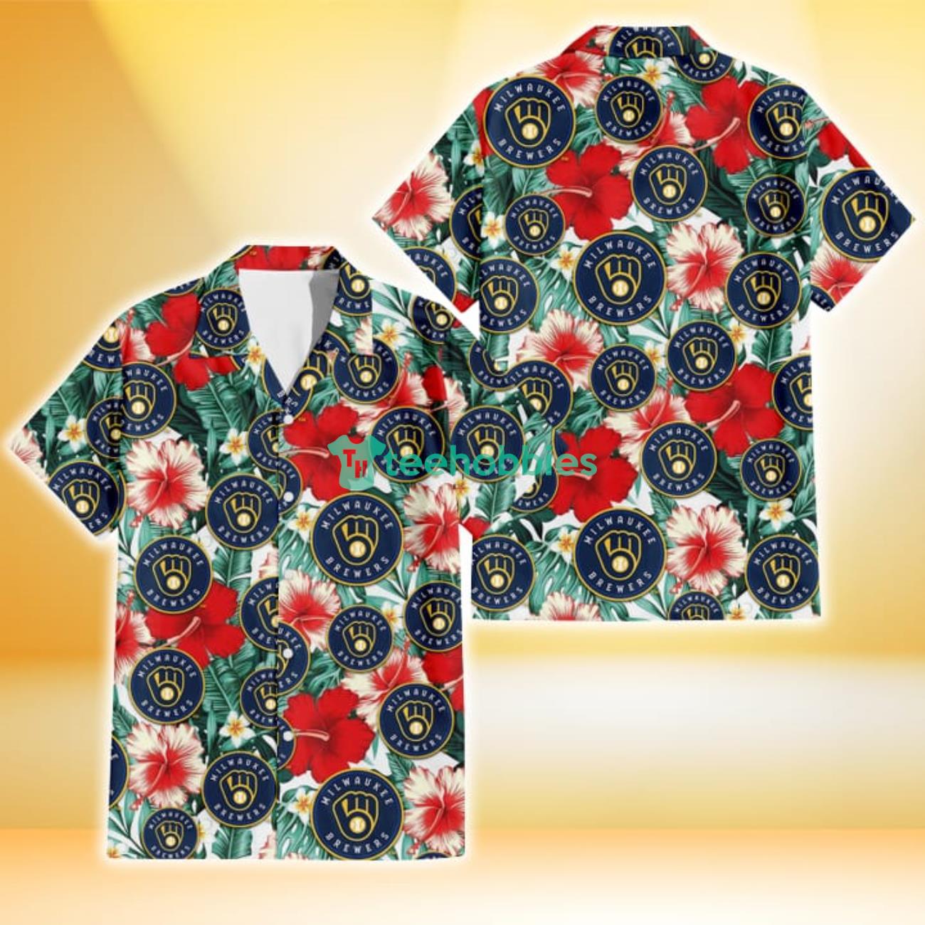 Milwaukee Brewers Red Coral Hibiscus White Porcelain Flower Banana Leaf 3D Hawaiian Shirt Gift For Fans Product Photo 1