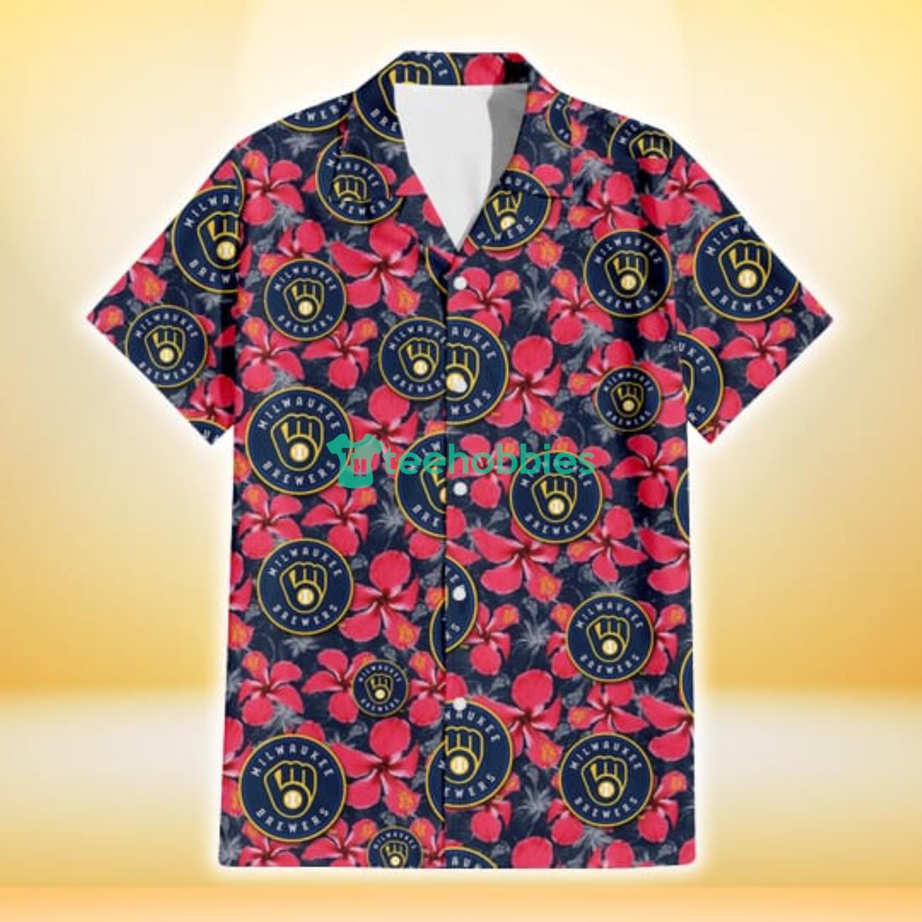 Milwaukee Brewers Red Hibiscus Dark Gray Background 3D Hawaiian Shirt Gift For Fans Product Photo 2