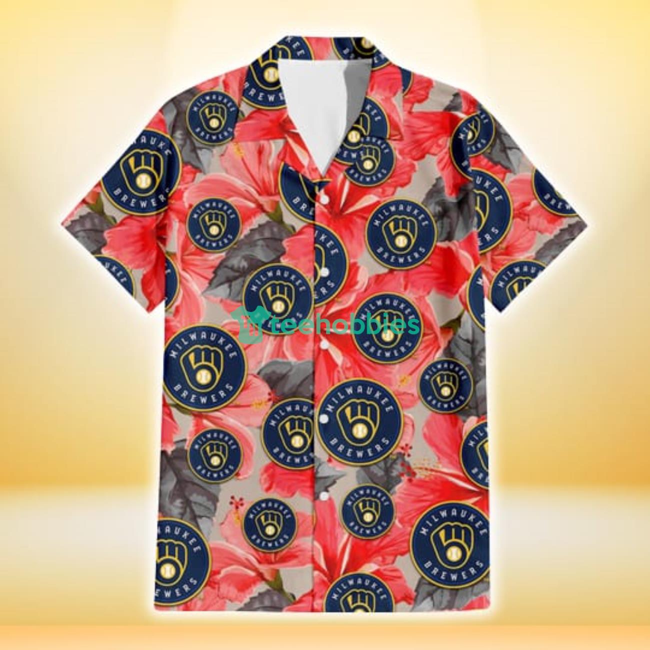 Milwaukee Brewers Red Hibiscus Gray Leaf Beige Background 3D Hawaiian Shirt Gift For Fans Product Photo 2