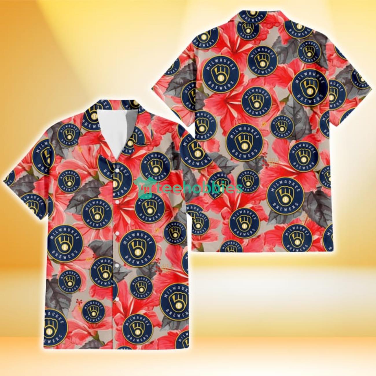 Milwaukee Brewers Red Hibiscus Gray Leaf Beige Background 3D Hawaiian Shirt Gift For Fans Product Photo 1