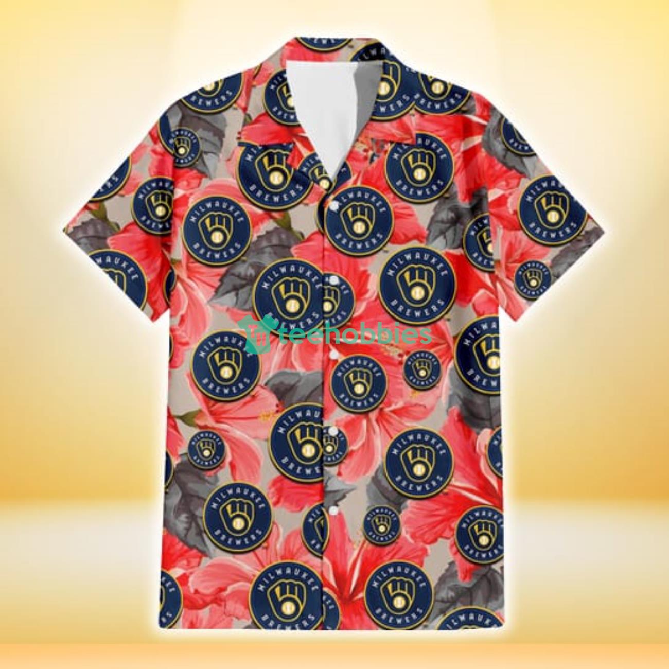 Milwaukee Brewers Red Hibiscus Gray Leaf Gainsboro Background 3D Hawaiian Shirt Gift For Fans Product Photo 2