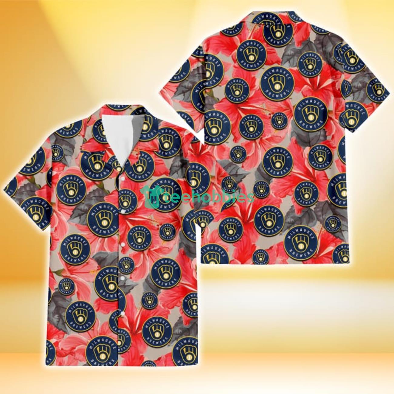 Milwaukee Brewers Red Hibiscus Gray Leaf Gainsboro Background 3D Hawaiian Shirt Gift For Fans Product Photo 1