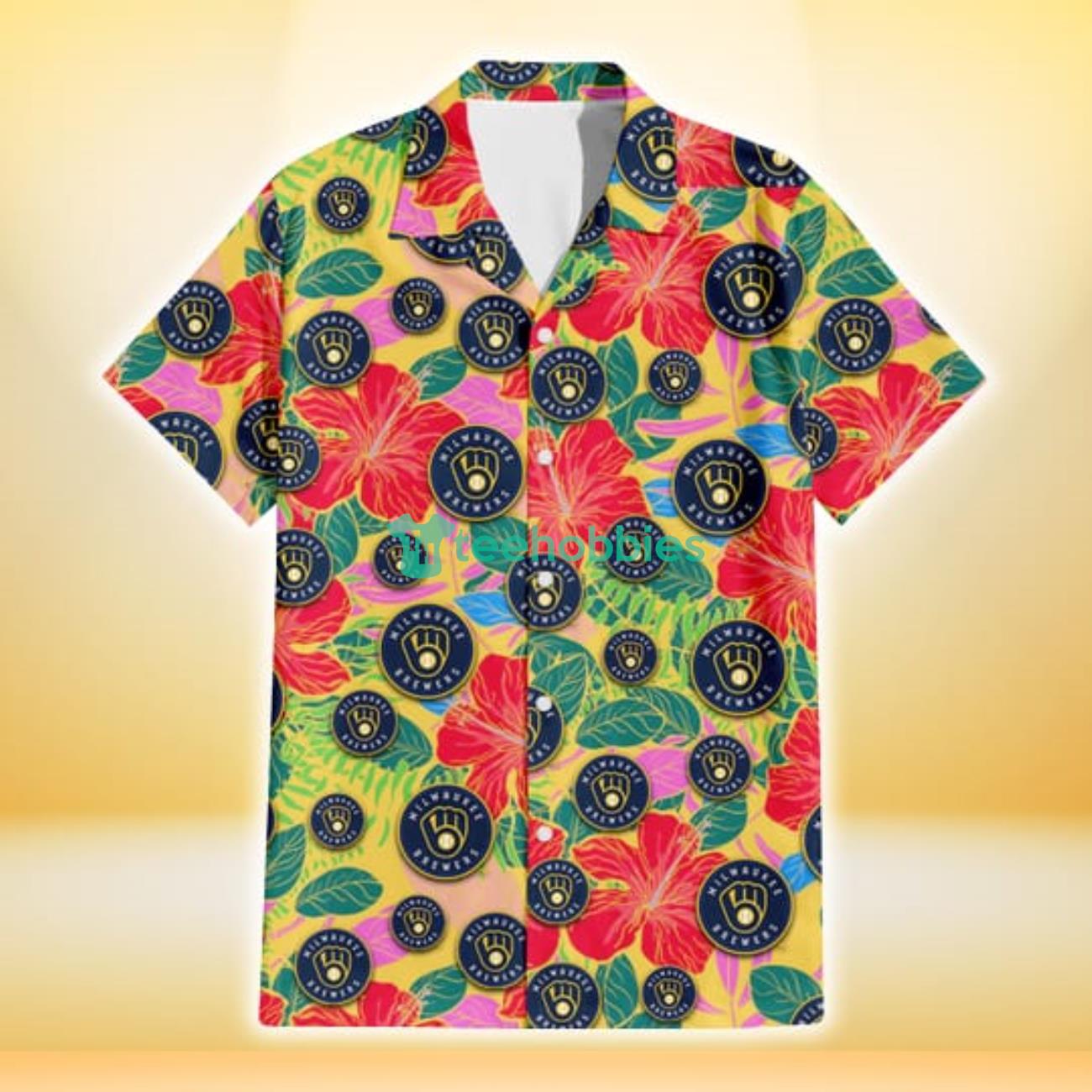 Milwaukee Brewers Red Hibiscus Green Blue Leaf Yellow Background 3D Hawaiian Shirt Gift For Fans Product Photo 2