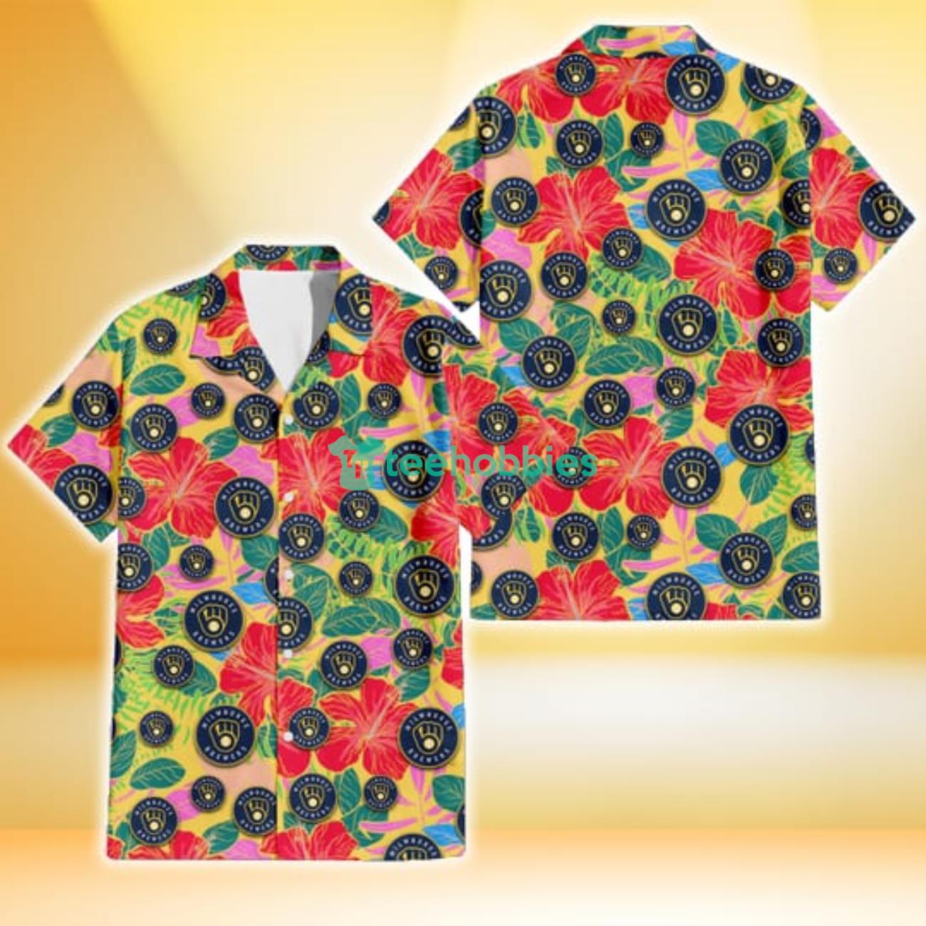 Milwaukee Brewers Red Hibiscus Green Blue Leaf Yellow Background 3D Hawaiian Shirt Gift For Fans Product Photo 1