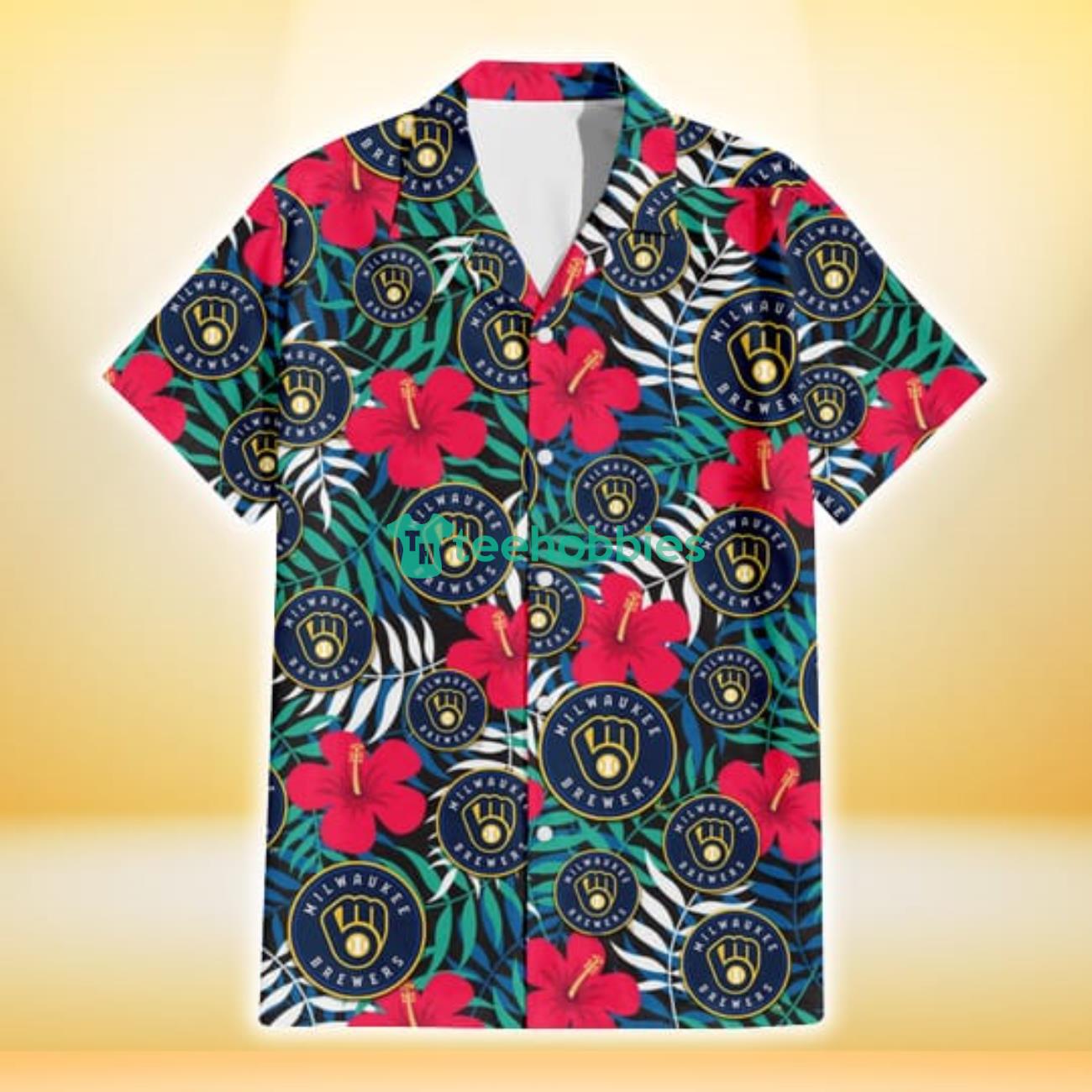 Milwaukee Brewers Red Hibiscus Green Blue White Leaf Black Background 3D Hawaiian Shirt Gift For Fans Product Photo 2