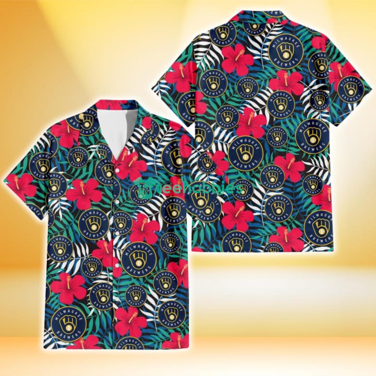 Milwaukee Brewers Red Hibiscus Green Blue White Leaf Black Background 3D Hawaiian Shirt Gift For Fans Product Photo 1