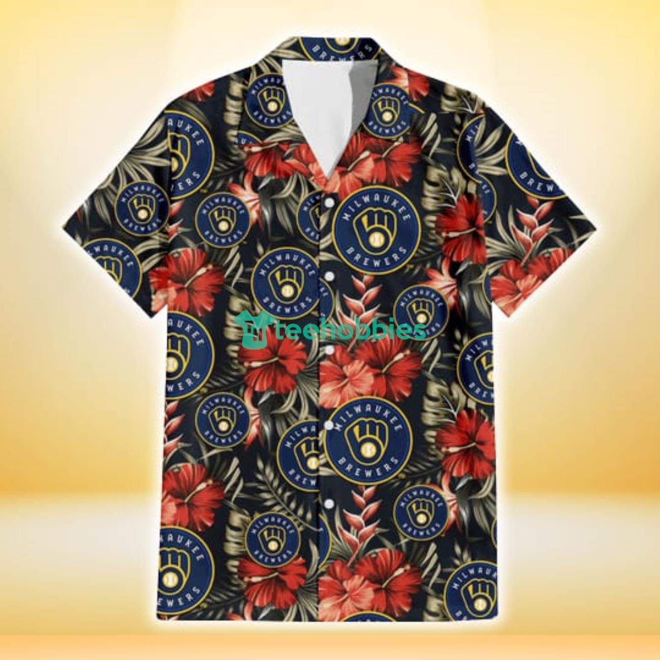 Milwaukee Brewers Red Hibiscus Green Leaf Dark Background 3D Hawaiian Shirt Gift For Fans Product Photo 2