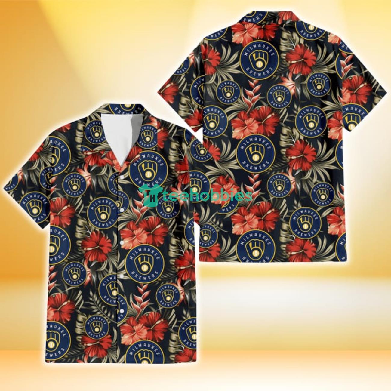 Milwaukee Brewers Red Hibiscus Green Leaf Dark Background 3D Hawaiian Shirt Gift For Fans Product Photo 1
