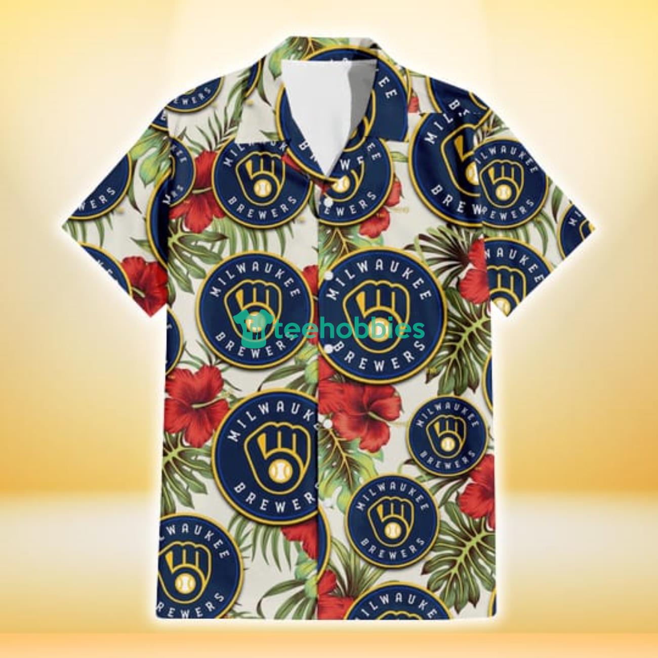 Milwaukee Brewers Red Hibiscus Green Tropical Leaf Cream Background 3D Hawaiian Shirt Gift For Fans Product Photo 2