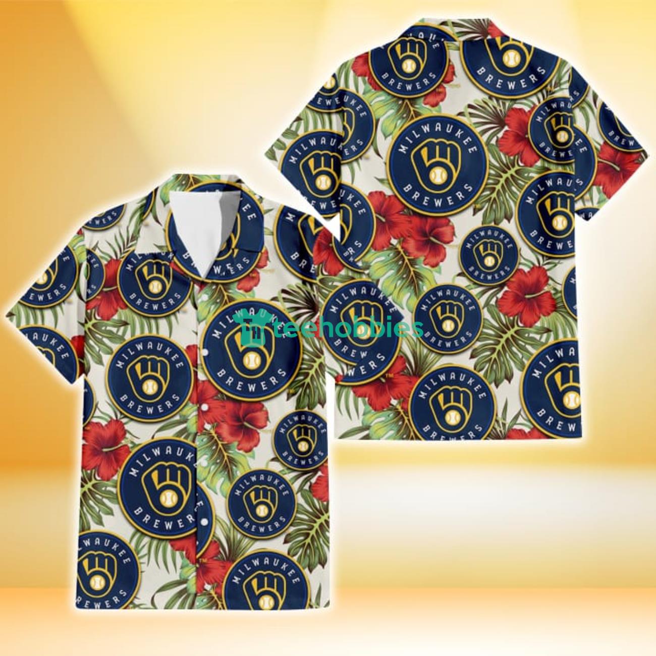 Milwaukee Brewers Red Hibiscus Green Tropical Leaf Cream Background 3D Hawaiian Shirt Gift For Fans Product Photo 1