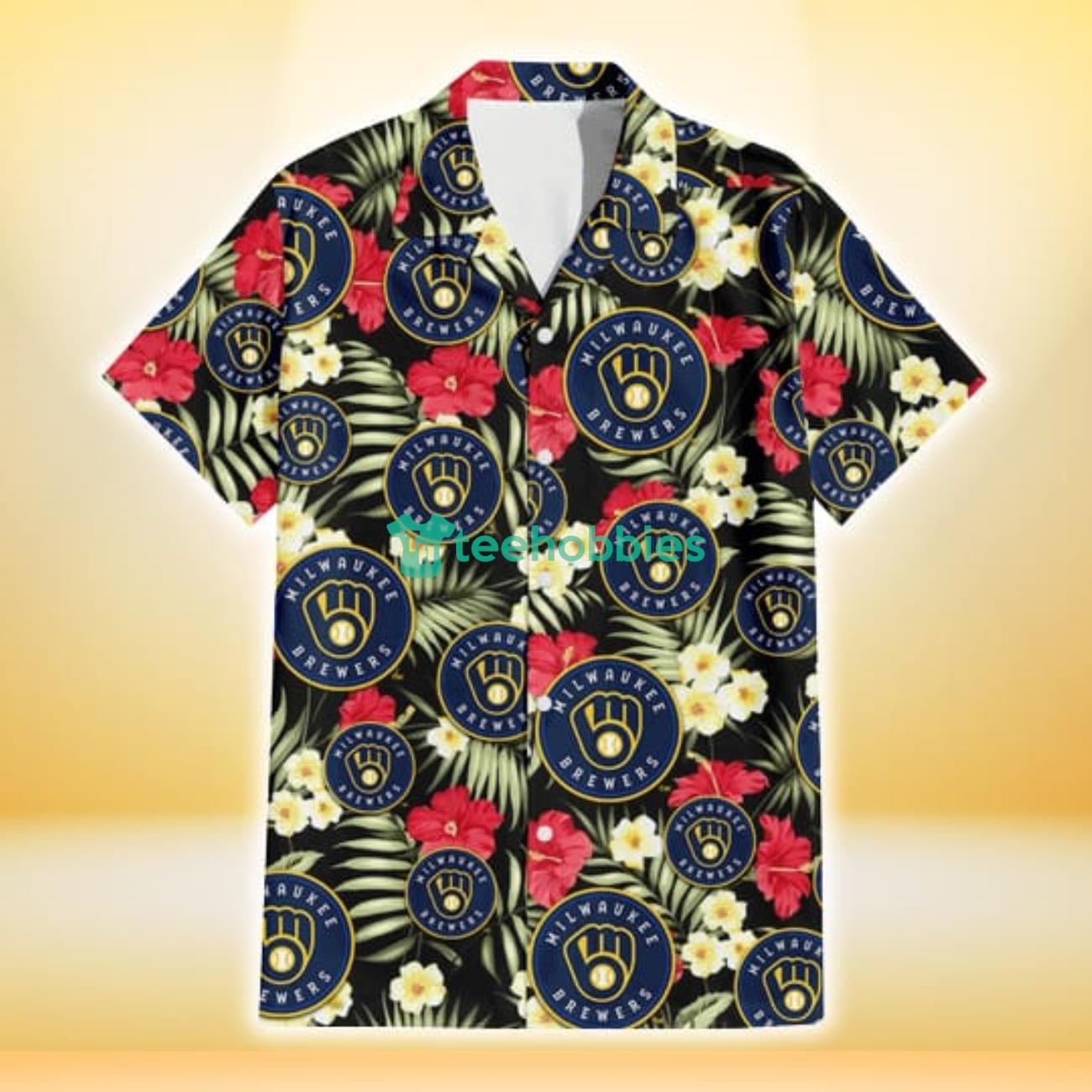 Milwaukee Brewers Red Hibiscus Yellow Porcelain Flower Black Background 3D Hawaiian Shirt Gift For Fans Product Photo 2