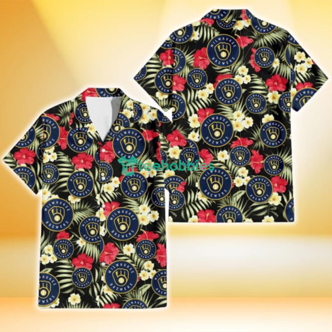 Milwaukee Brewers Red Hibiscus Yellow Porcelain Flower Black Background 3D Hawaiian Shirt Gift For Fans Product Photo 1
