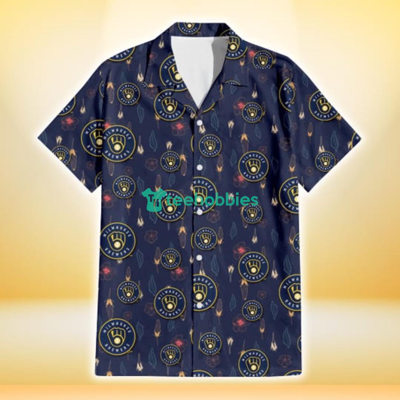 Milwaukee Brewers Small Hibiscus Buds Navy Background 3D Hawaiian Shirt Gift For Fans Product Photo 2